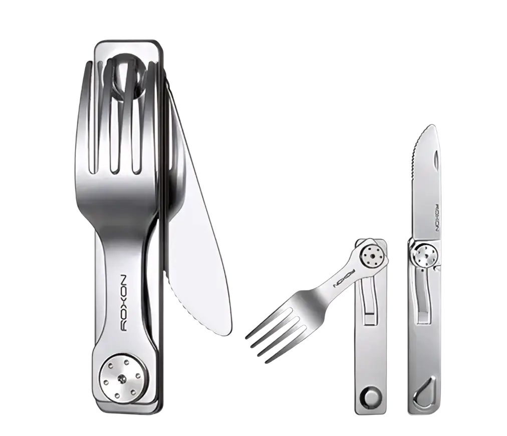 Silver stainless steel 3-in-1 camping cutlery set featuring foldable fox 7 multi-tool fork and knife design