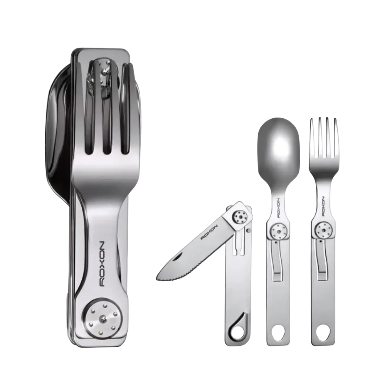 Silver stainless steel nixon multi-tool 3-in-1 camping cutlery set with foldable knife and compact fork and spoon design