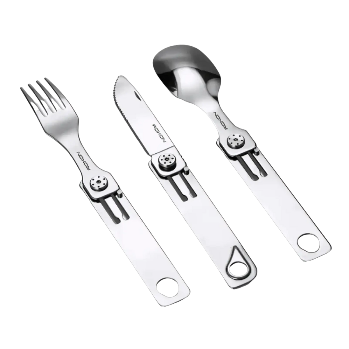 Silver stainless steel 3-in-1 camping cutlery set with foldable integrated handles and sleek compact design