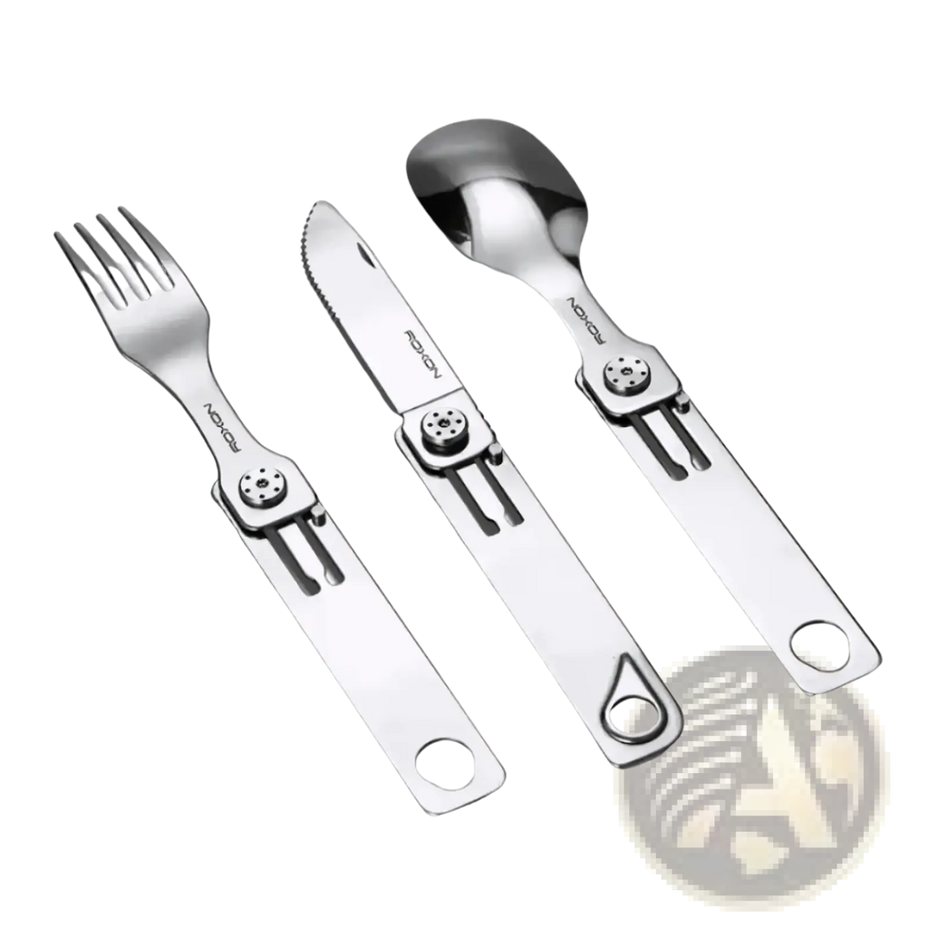 Silver stainless steel 3-in-1 camping cutlery set with foldable integrated handles and sleek compact design
