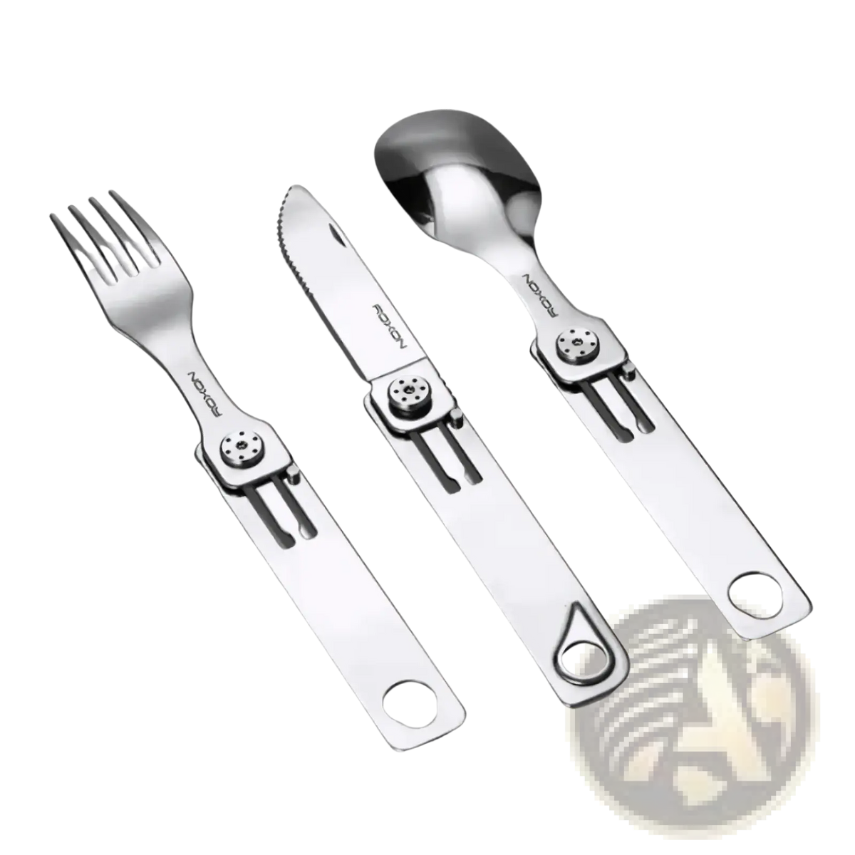 Silver stainless steel 3-in-1 camping cutlery set with foldable integrated handles and sleek compact design