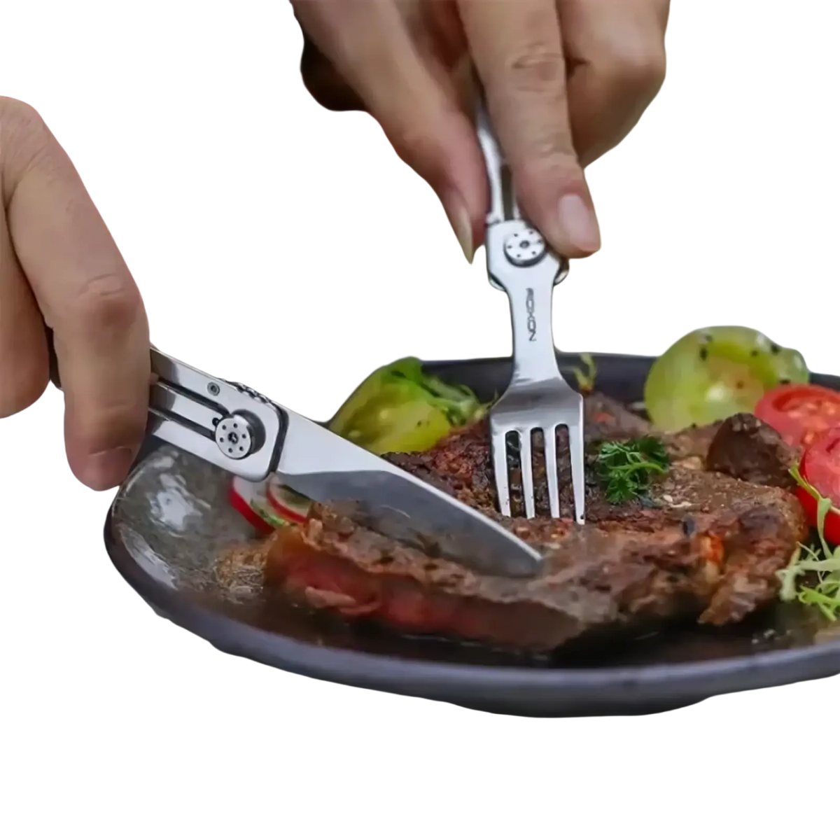 Silver stainless steel 3-in-1 camping cutlery set featuring a sleek compact multi-tool knife and fork design
