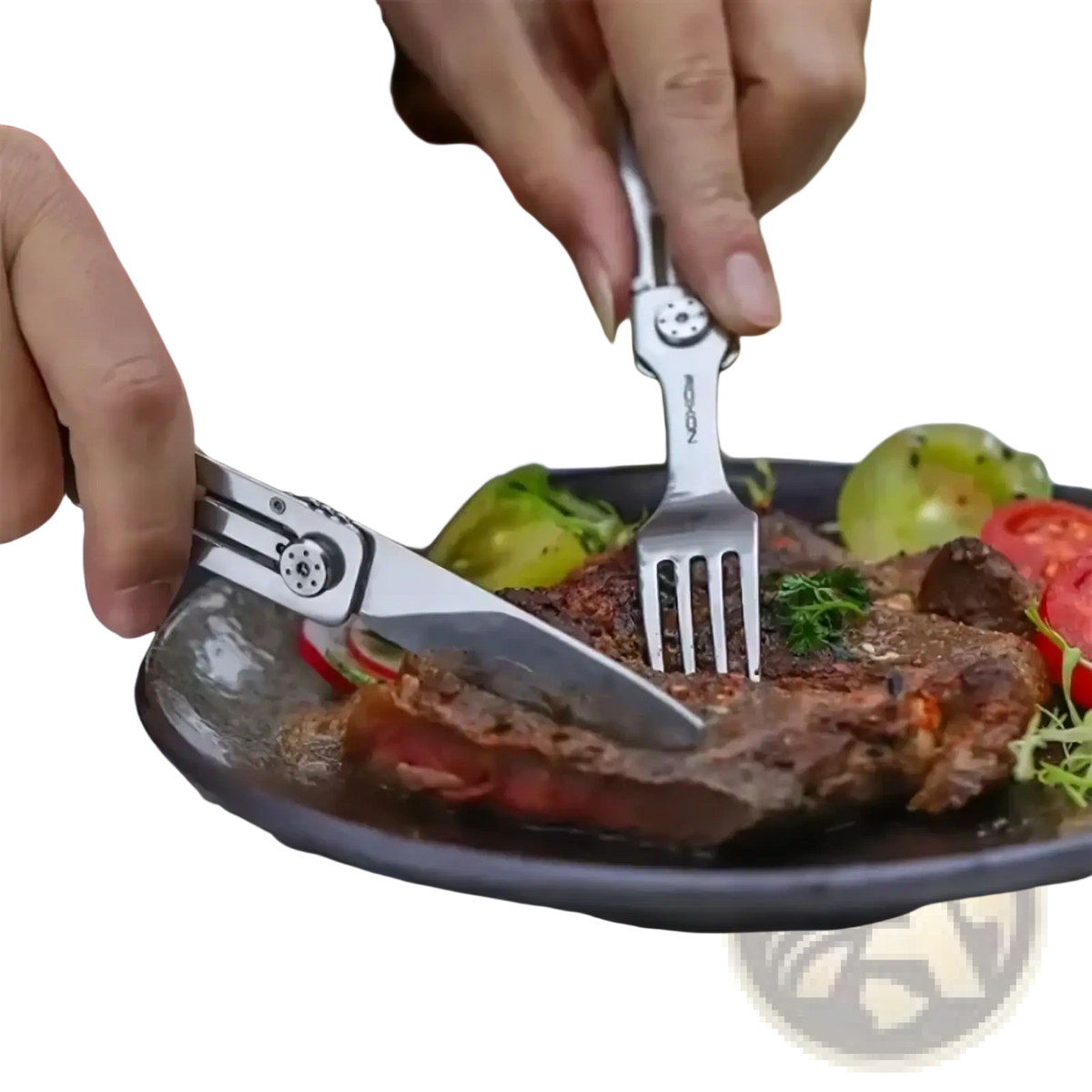 Silver stainless steel 3-in-1 camping cutlery set featuring a sleek compact multi-tool knife and fork design