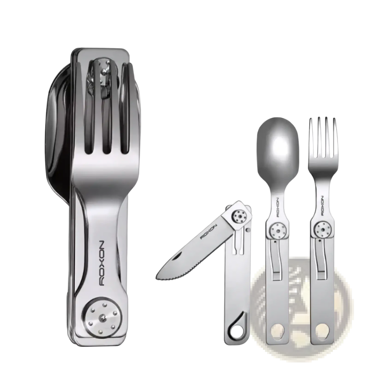 Silver stainless steel nixon multi-tool 3-in-1 camping cutlery set with foldable knife and compact fork and spoon design
