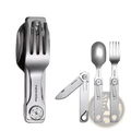 Silver stainless steel nixon multi-tool utensil set with folding knife in compact stainless steel 3-in-1 camping cutlery set