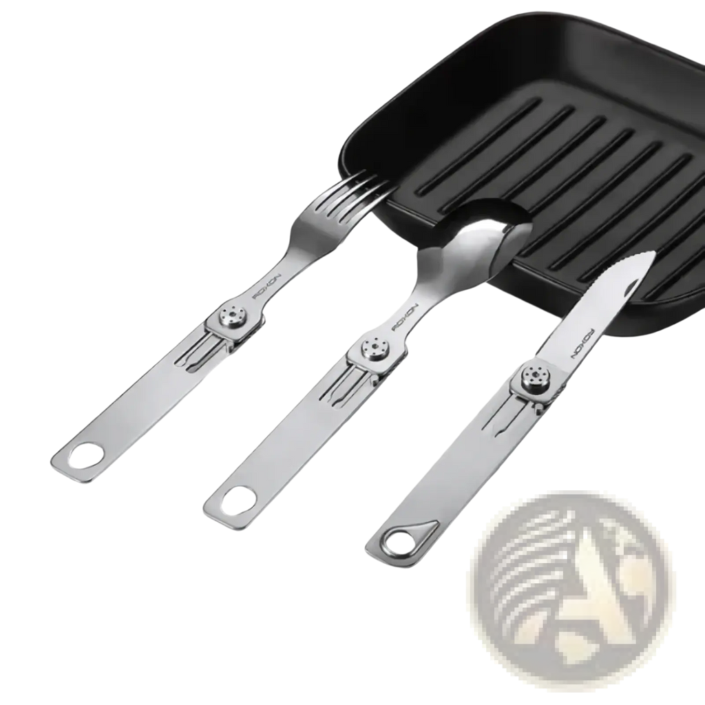 Set of three sleek stainless steel foldable cutlery pieces with modern design and branded logo for camping use
