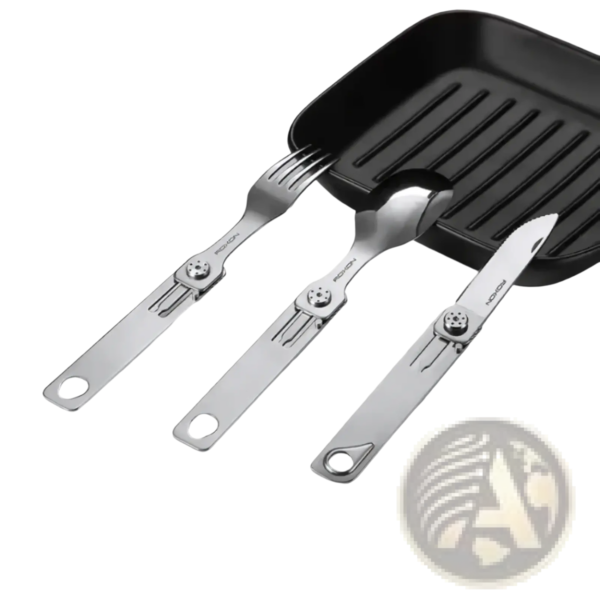 Set of three sleek stainless steel foldable cutlery pieces with modern design and branded logo for camping use