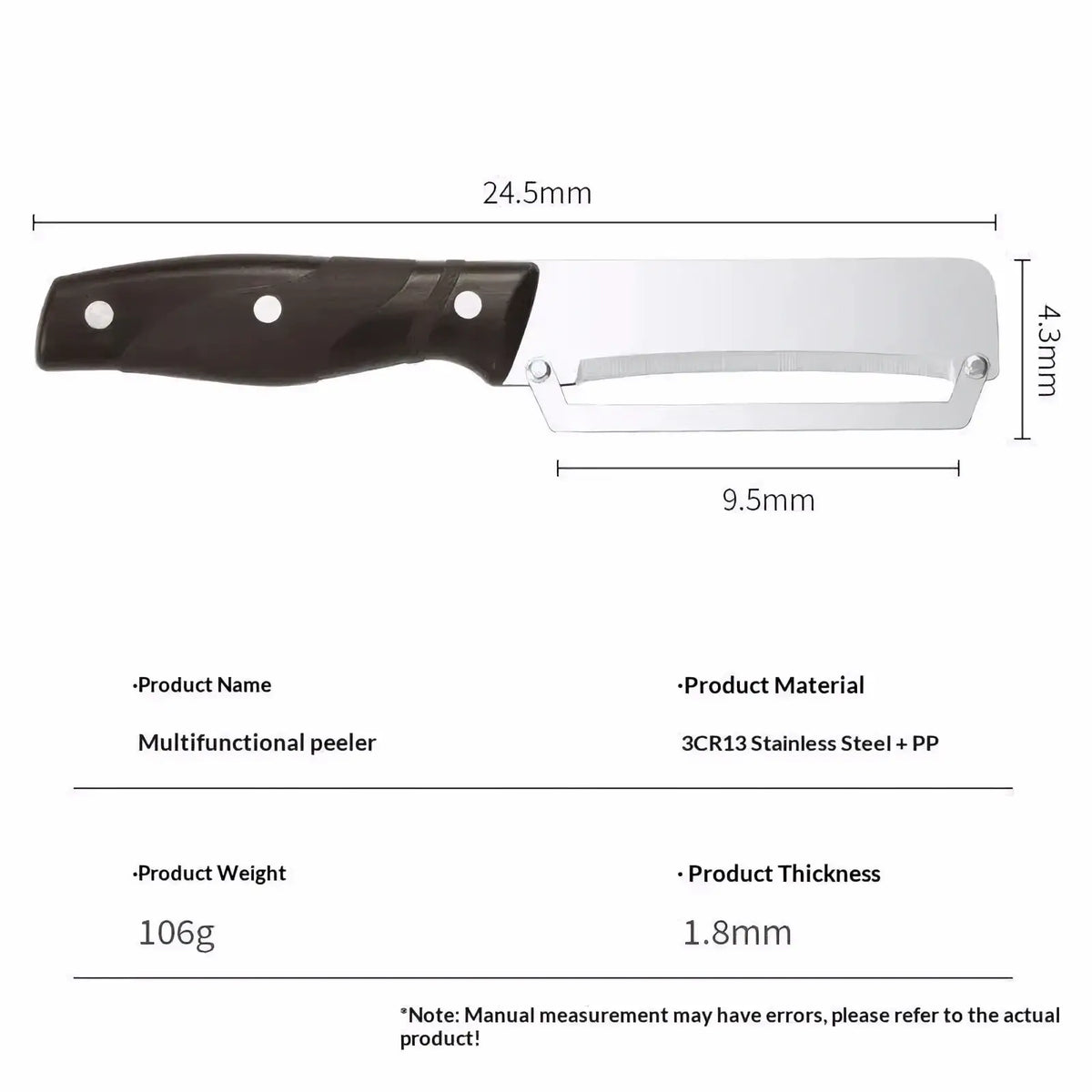 Black-handled stainless steel 3-in-1 vegetable peeler with shiny 3cr13 blade and durable pp handle