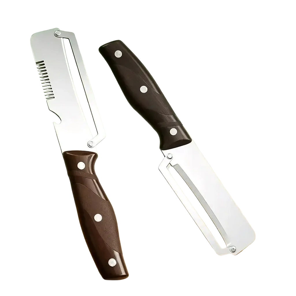 Stainless steel 3-in-1 vegetable peeler with brown handle and serrated blade for efficient fruit and veggie peeling