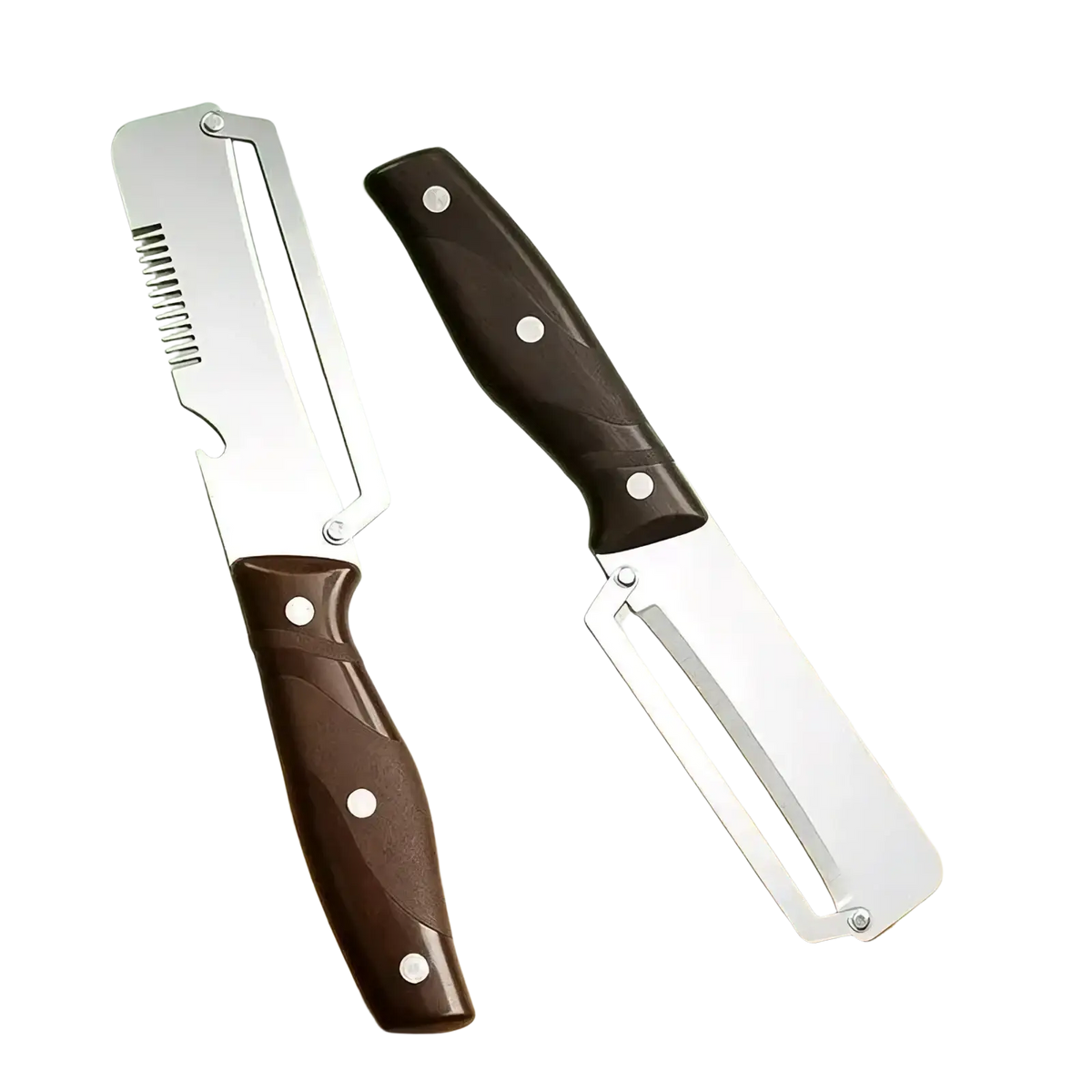Stainless steel 3-in-1 vegetable peeler with brown handle and serrated blade for efficient fruit and veggie peeling