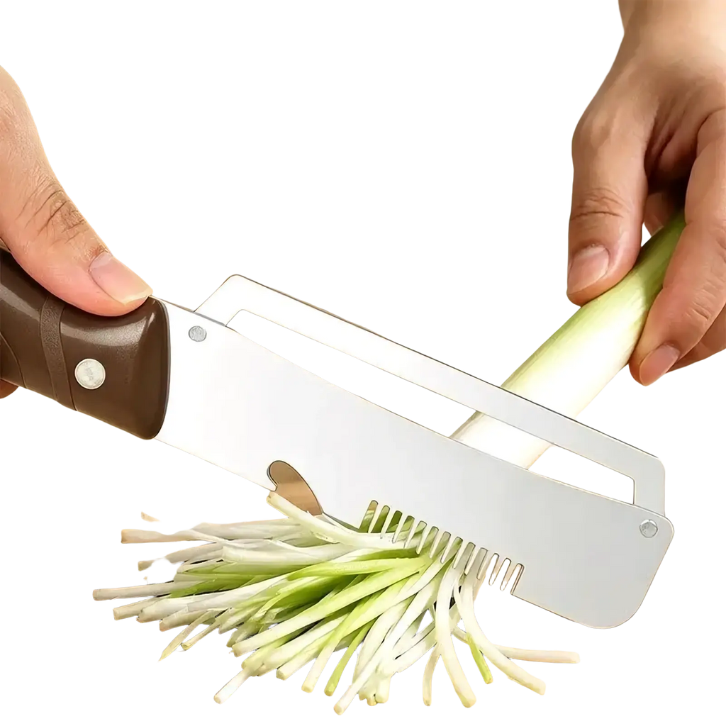 Brown-handled stainless steel 3-in-1 vegetable peeler with blade for peeling and shredding greens efficiently