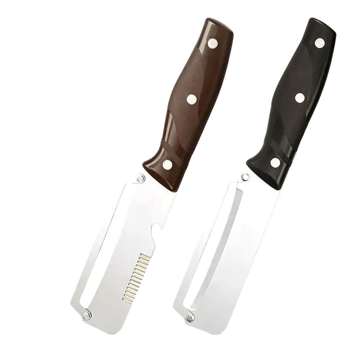 A pair of compact stainless steel 3-in-1 vegetable peelers with brown and black ergonomic handles secured by rivets