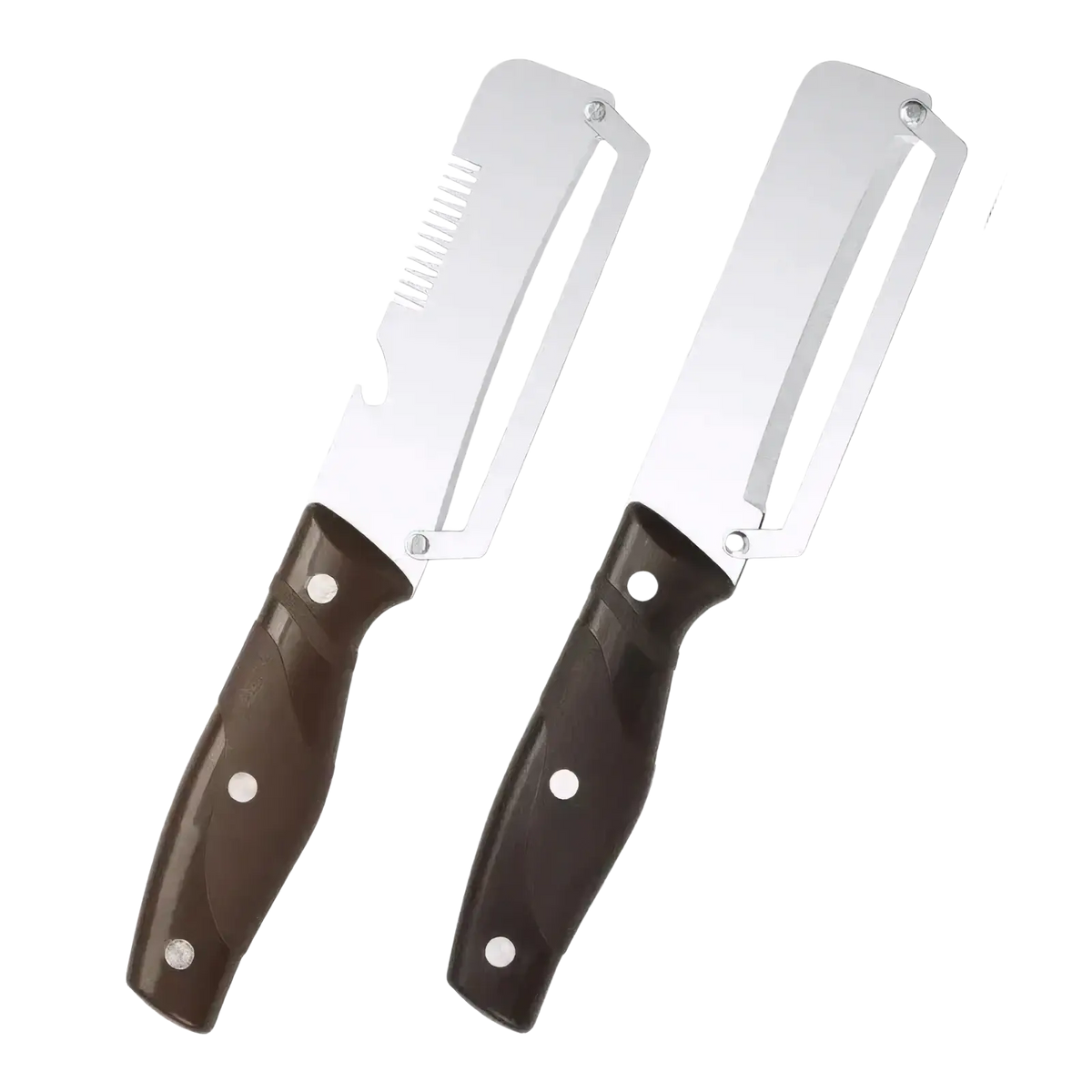 Set of two stainless steel 3-in-1 vegetable peelers with dark brown ergonomic handles for efficient peeling