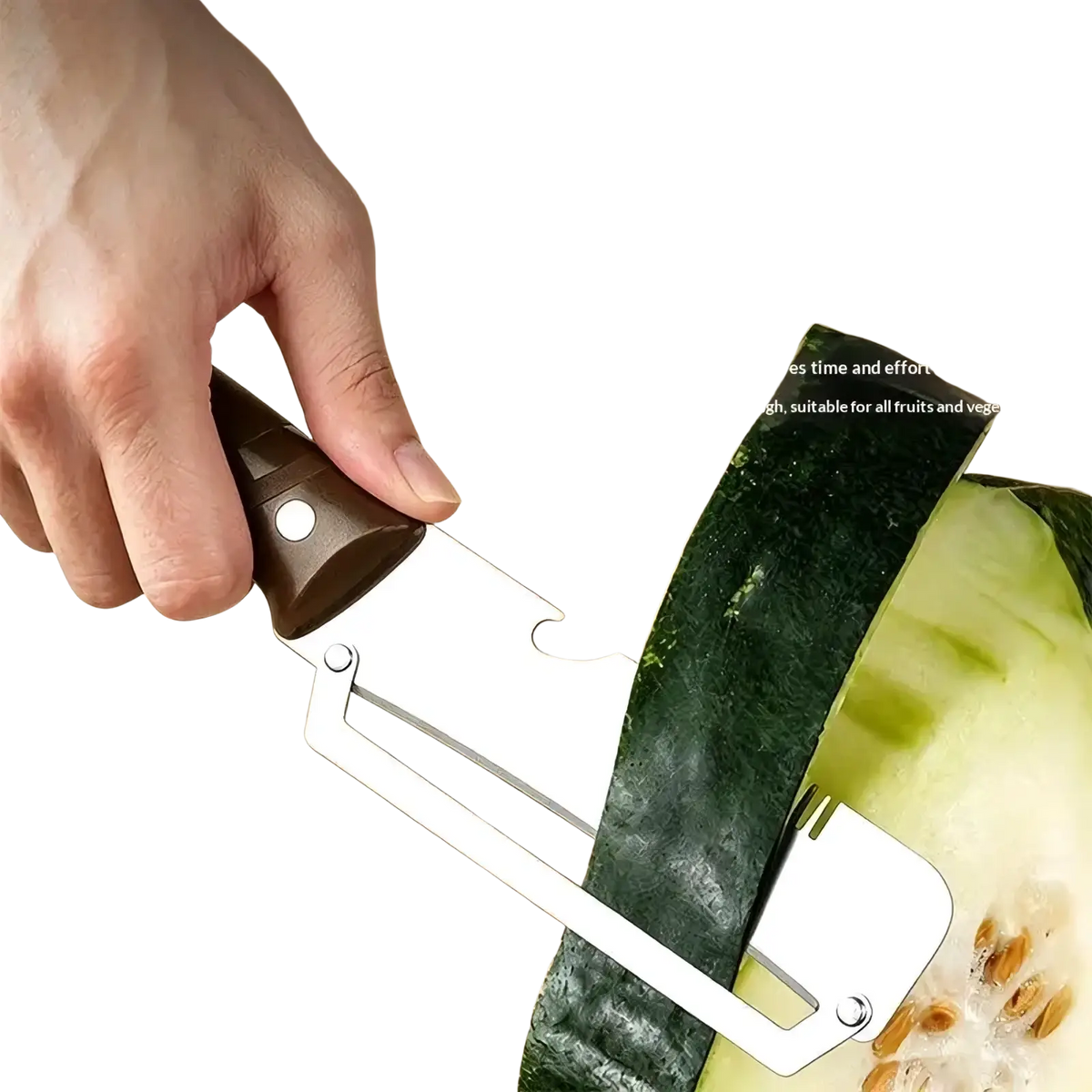 Stainless steel 3-in-1 vegetable peeler with a dark brown ergonomic handle and arc-shaped large blade for even peeling