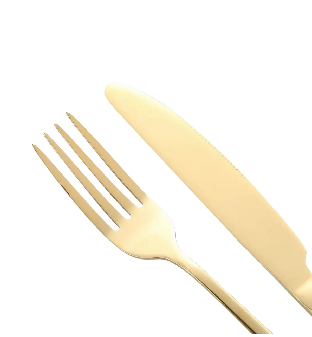 Gold-finished stainless steel fork and knife from a stainless steel 4-piece flatware set for elegant dining use