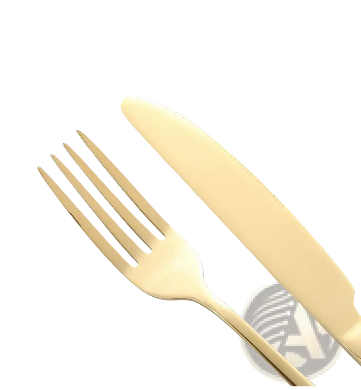 Gold-finished stainless steel fork and knife from a stainless steel 4-piece flatware set for elegant dining use