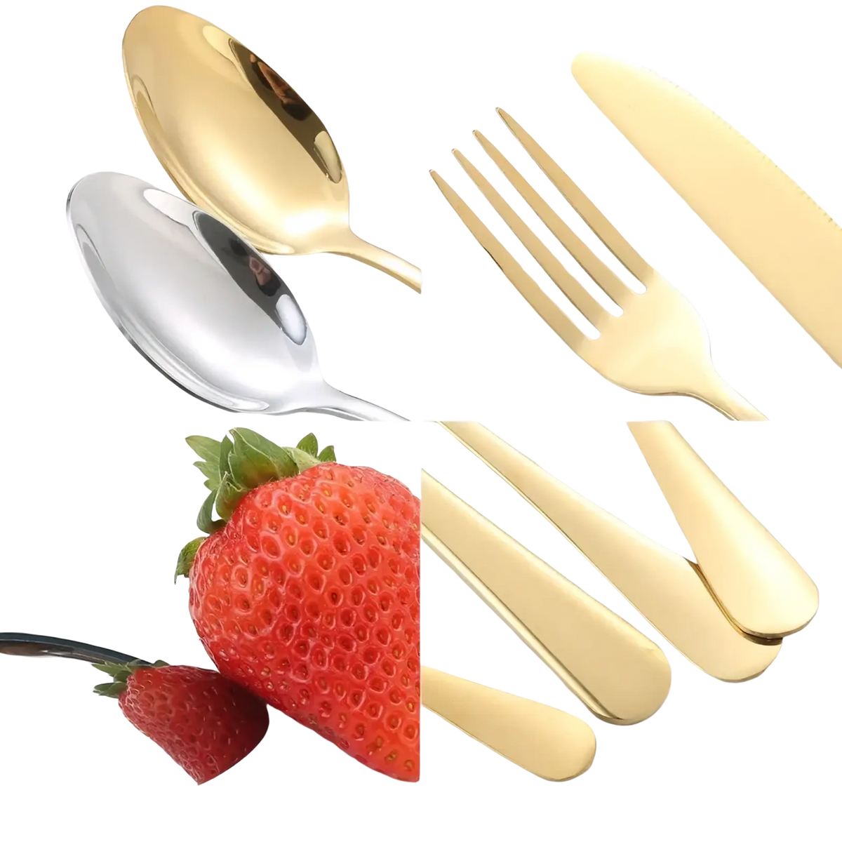 Stainless steel 4-piece flatware set with gold and silver colors featuring a sleek modern design