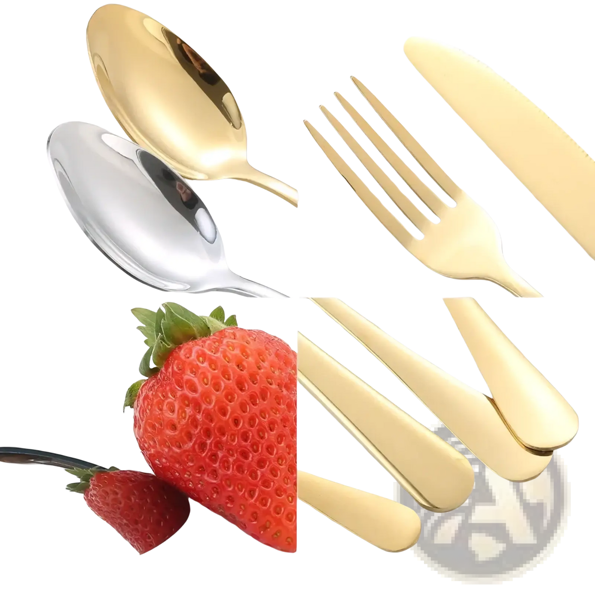 Stainless steel 4-piece flatware set with gold and silver colors featuring a sleek modern design