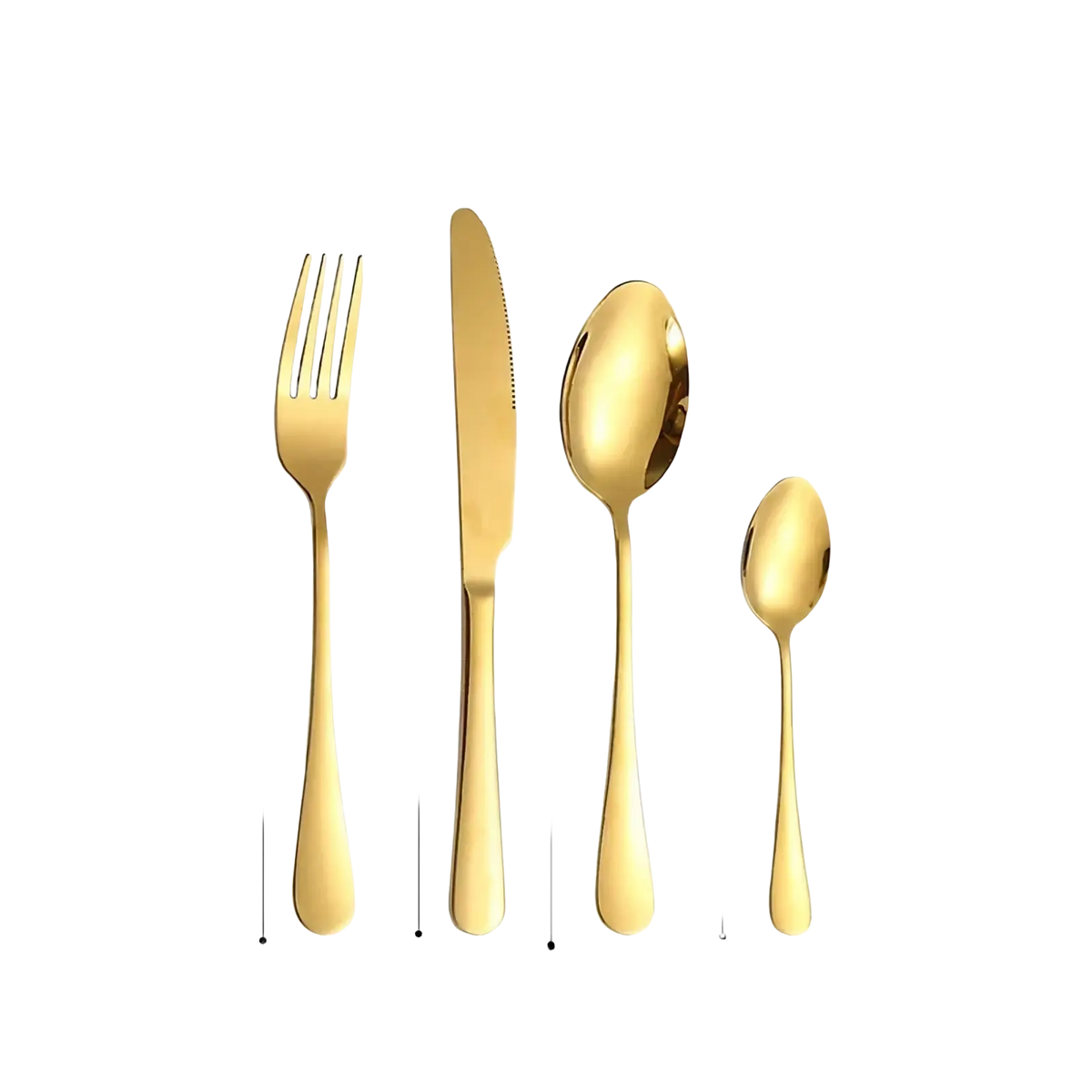 Golden stainless steel 4-piece flatware set with sleek modern handles including fork knife and two spoons