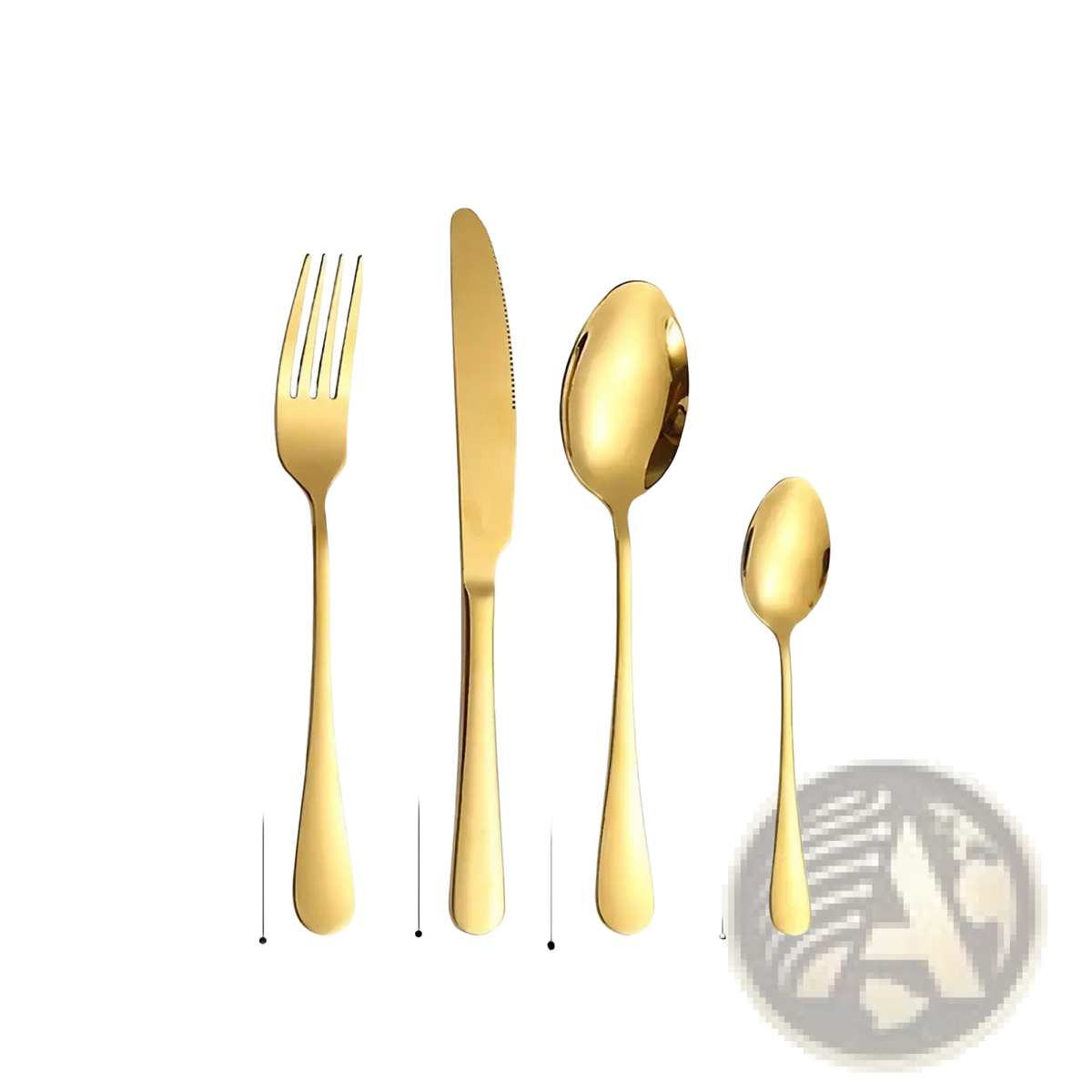 Golden stainless steel 4-piece flatware set with sleek modern handles including fork knife and two spoons