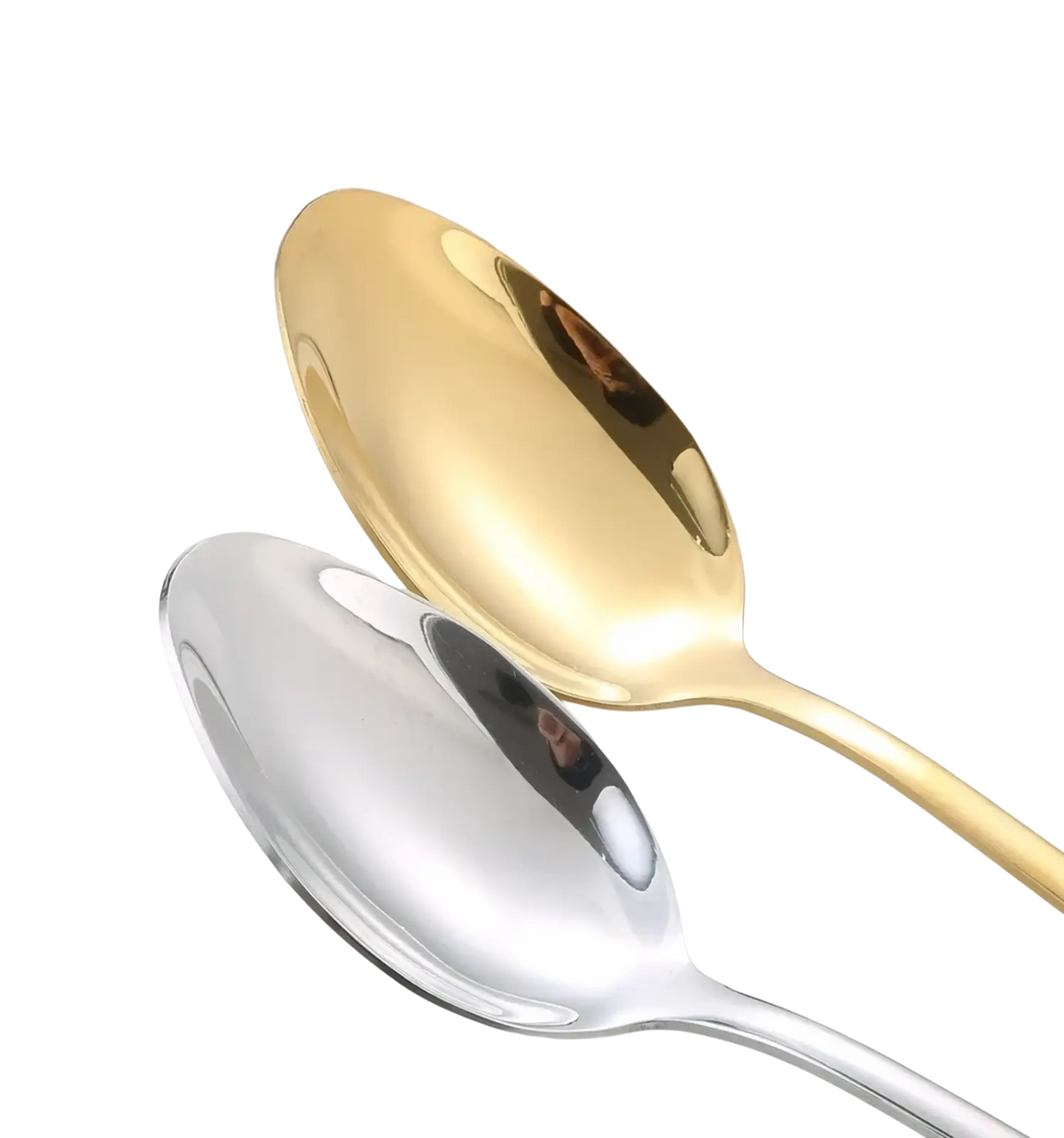 Two stainless steel spoons with polished gold and reflective silver finishes from a stainless steel 4-piece flatware set
