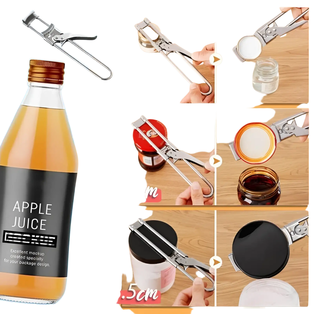 Silver stainless steel adjustable jar and bottle opener with spring-loaded mechanism and ergonomic handles