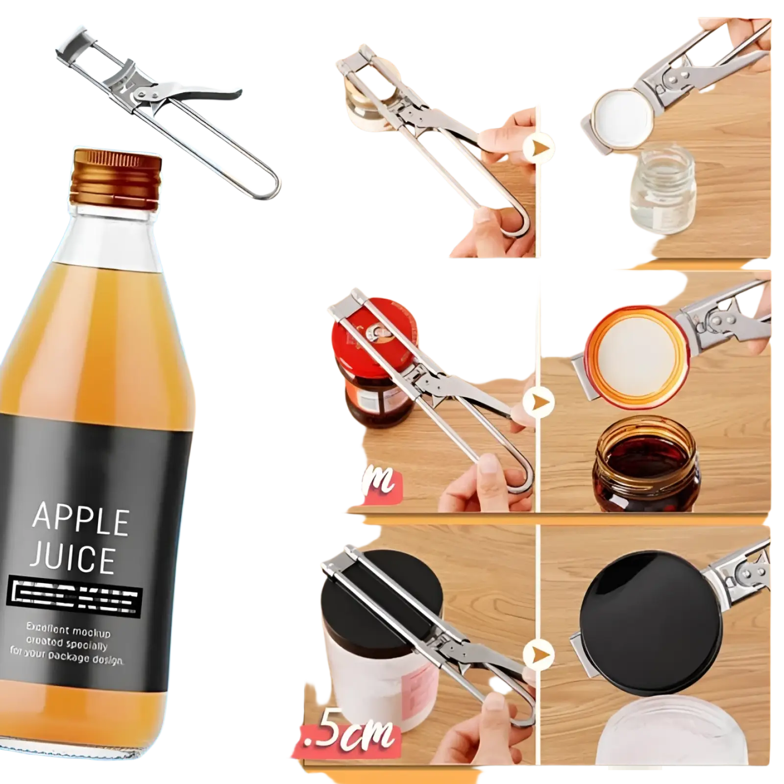 Silver stainless steel adjustable jar and bottle opener with spring-loaded mechanism and ergonomic handles