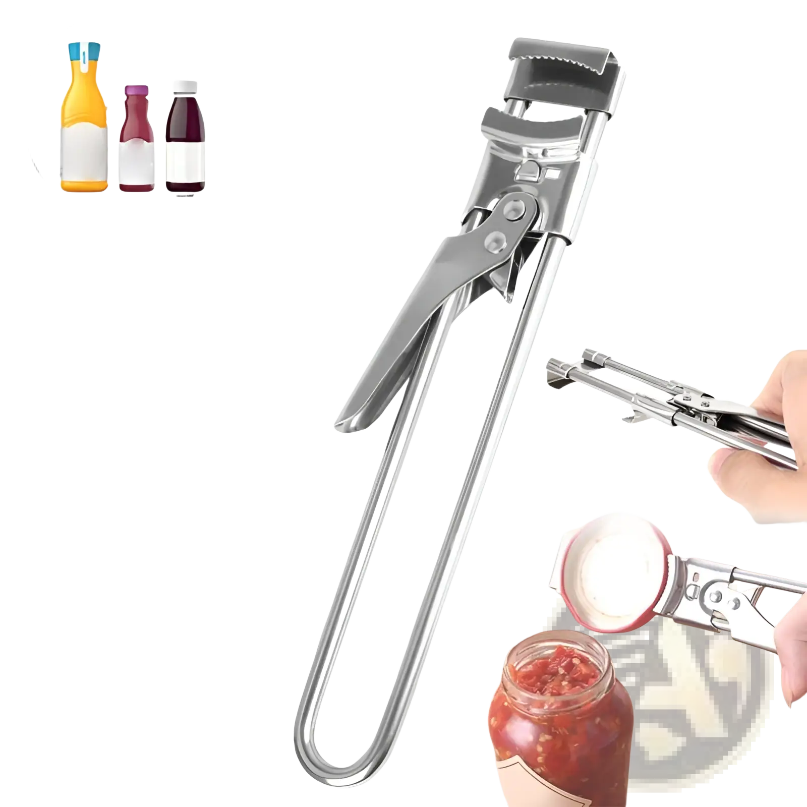 Stainless steel adjustable jar and bottle opener with long curved handle and lever mechanism for sealed jars