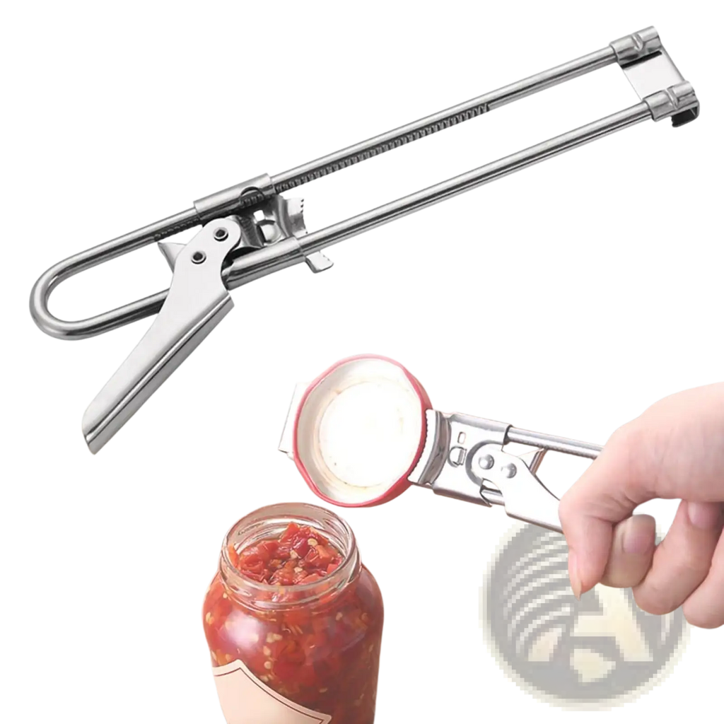 Stainless steel adjustable jar and bottle opener with sleek elongated design and adjustable jaws for easy jar lid removal