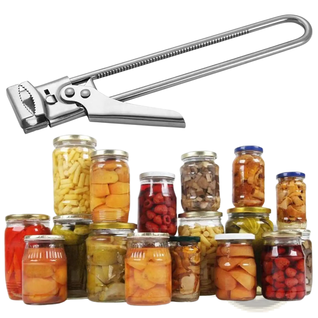 Stainless steel adjustable jar and bottle opener with a sleek elongated handle and serrated cutting edge