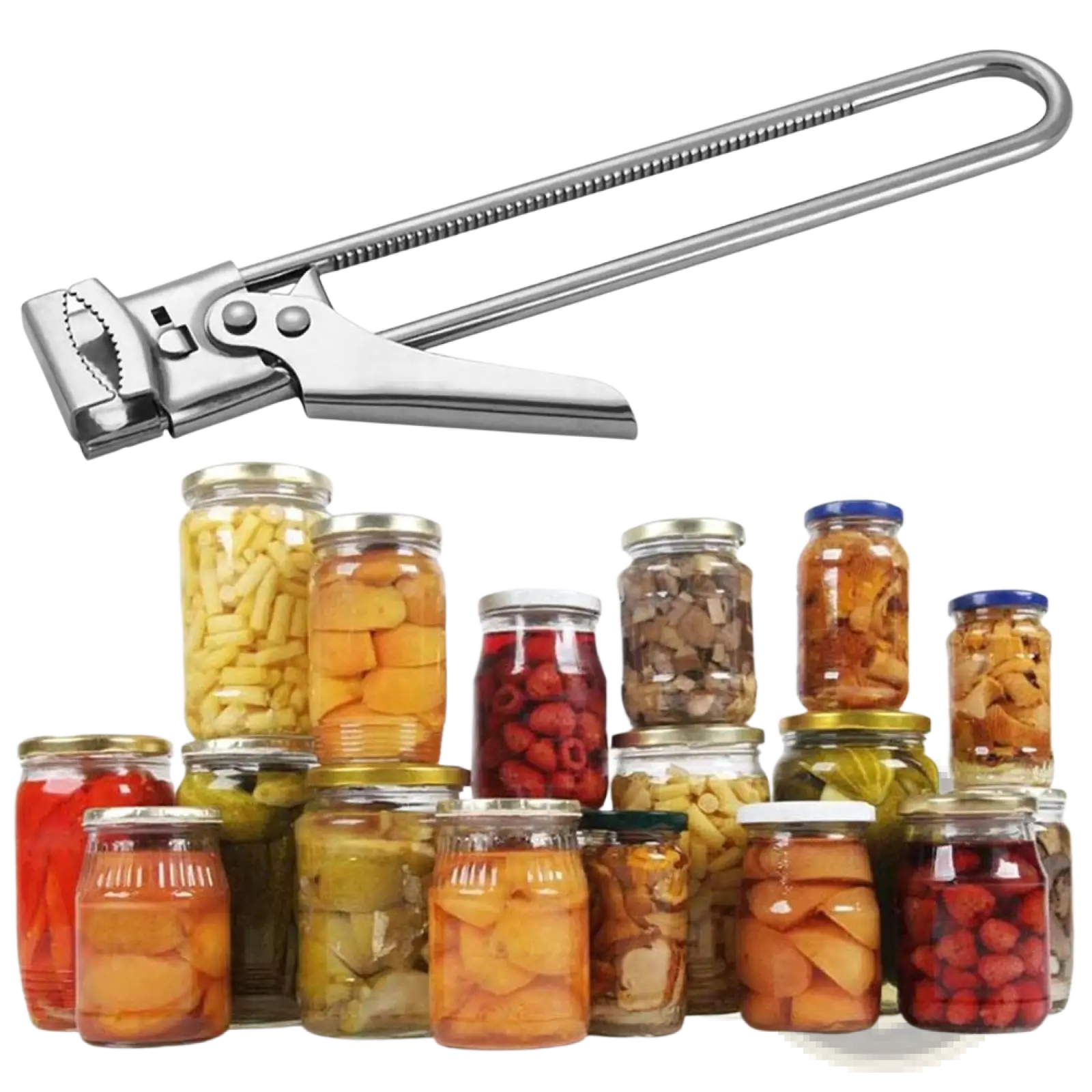Stainless steel adjustable jar and bottle opener with a sleek elongated handle and serrated cutting edge