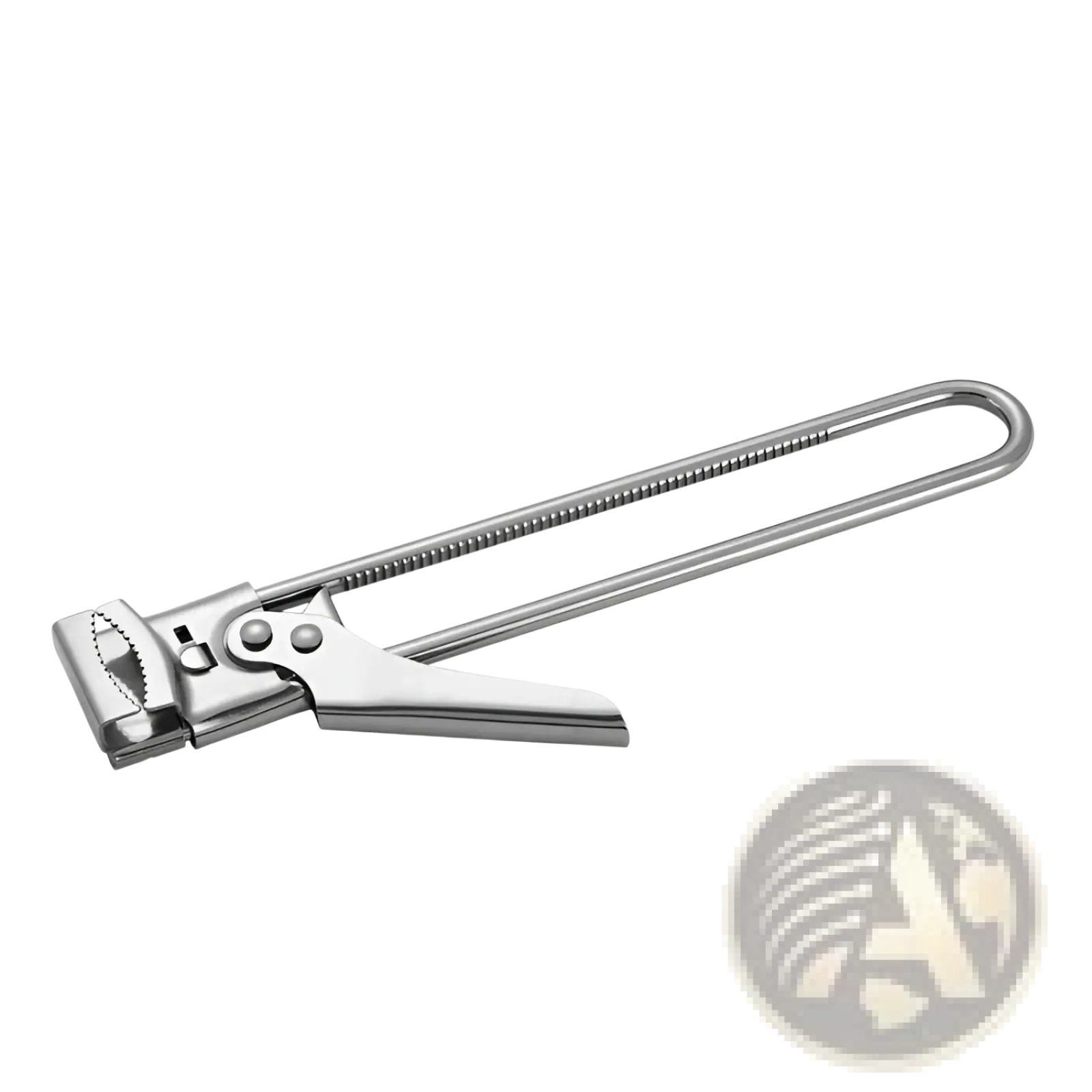 Stainless steel adjustable jar and bottle opener with sleek elongated handle and serrated cutting edge in silver color