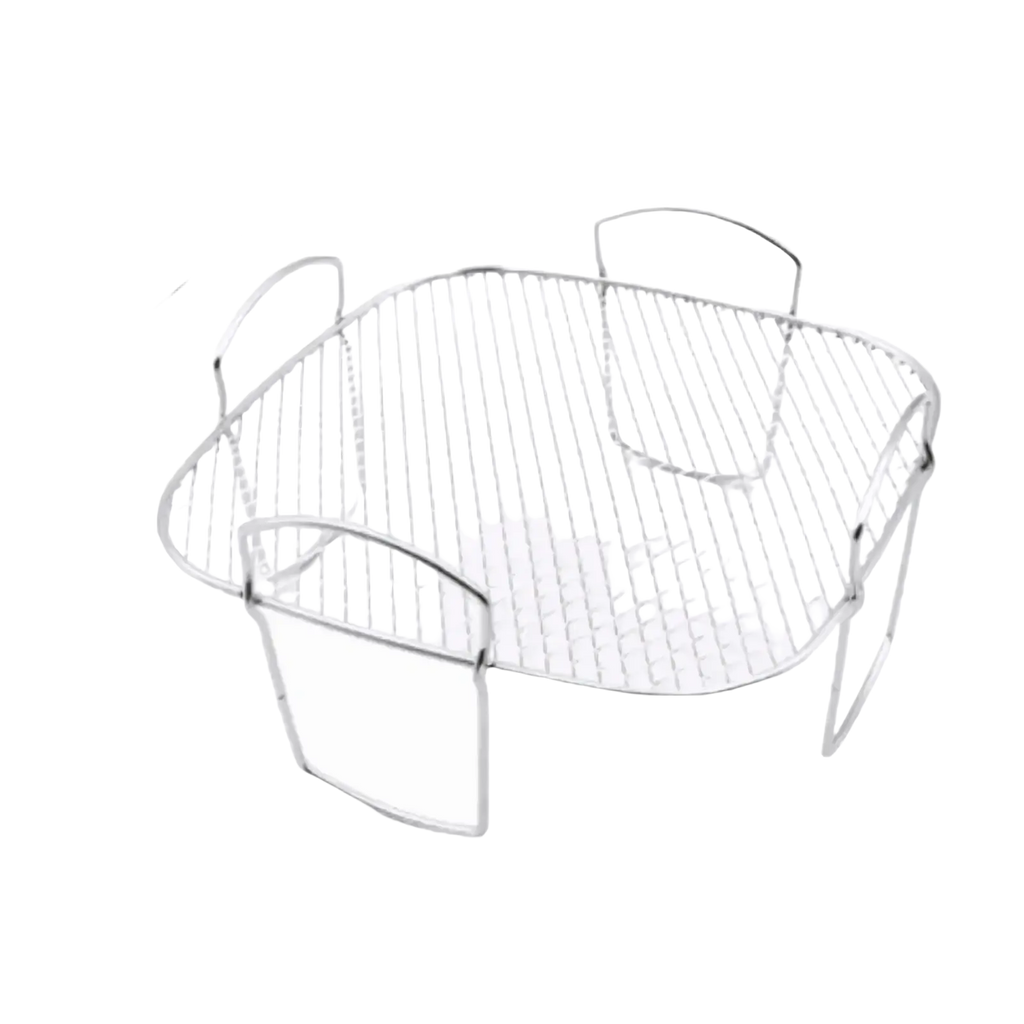Silver stainless steel rectangular air fryer grill rack with rounded corners and four integrated handles for stacking