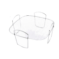 Silver stainless steel rectangular air fryer grill rack with rounded corners and four integrated handles for stacking