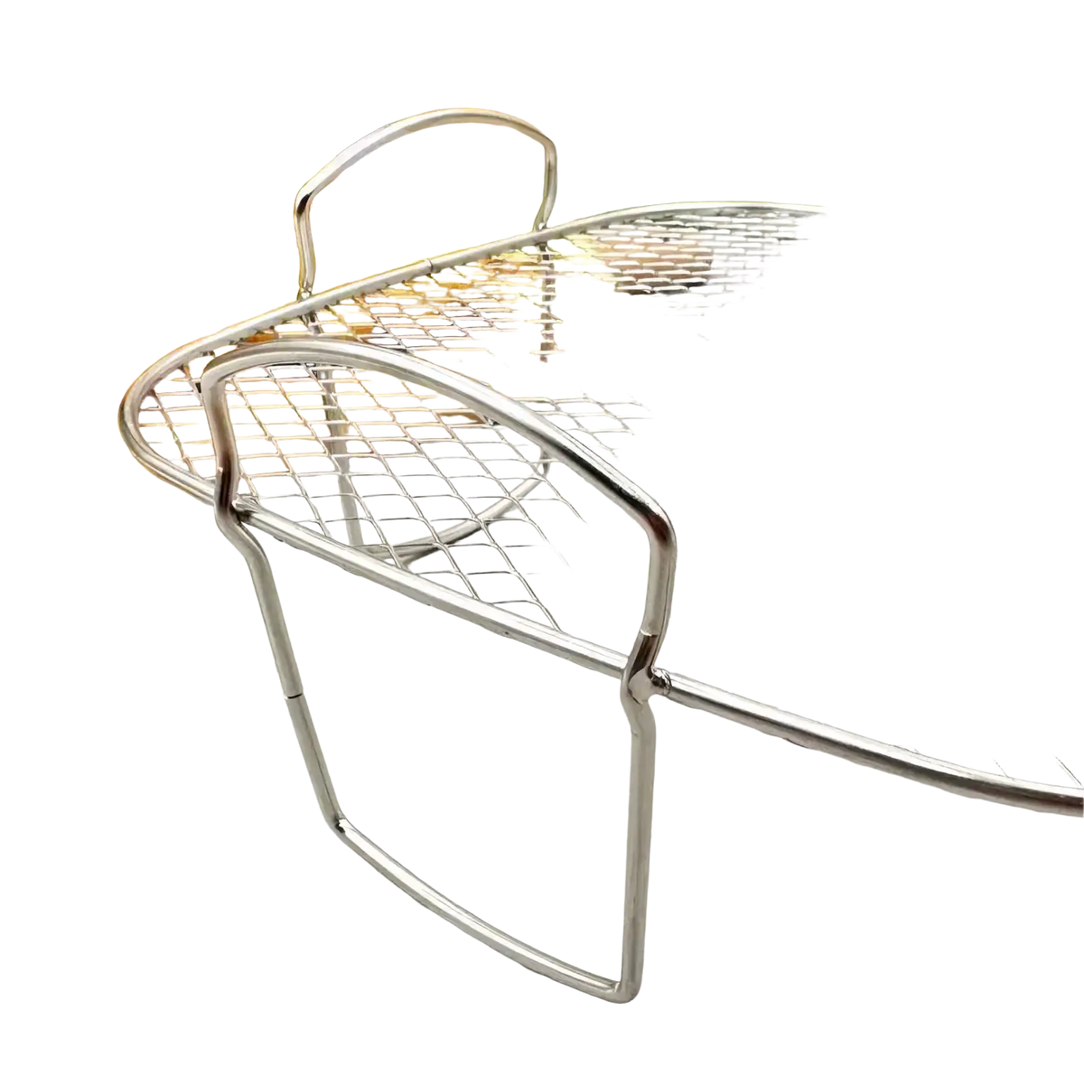 Silver stainless steel air fryer grill rack stackable basket with mesh design and curved handles for easy use