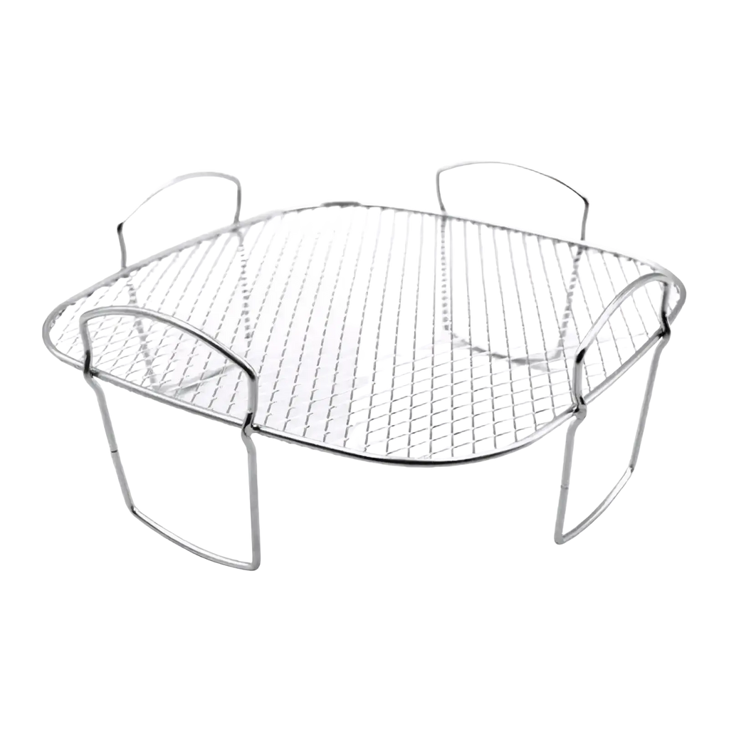 Silver stainless steel air fryer grill rack with four curved handles and mesh grid surface for grilling and stacking