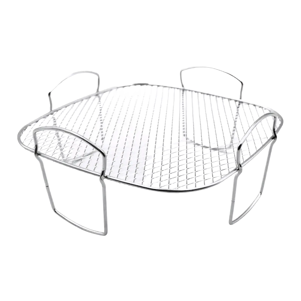Silver stainless steel air fryer grill rack with four curved handles and mesh grid surface for grilling and stacking