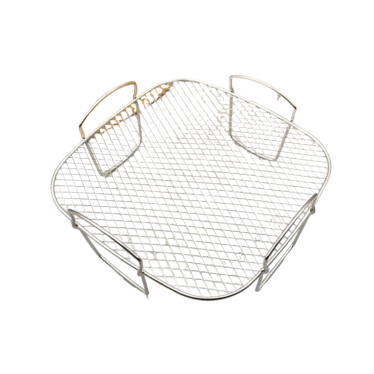 Silver stainless steel air fryer grill rack stackable basket with reinforced handles and square wire mesh design