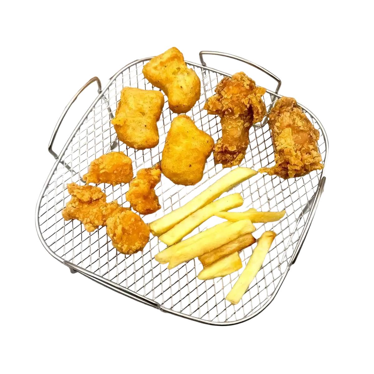 Silver wire mesh stainless steel air fryer grill rack stackable basket filled with fried chicken and french fries