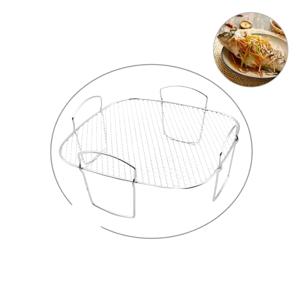 Silver stainless steel air fryer grill rack with wire mesh, rectangular shape, and two side handles for stacking