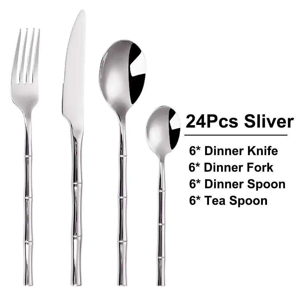 Set of 24 pieces stainless steel bamboo cutlery set with sleek silver design for modern dining use