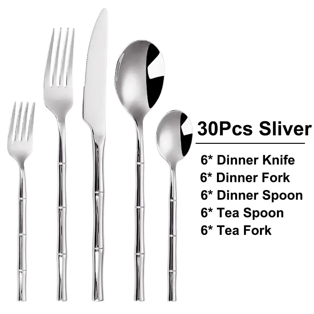 Set of 30 pieces stainless steel bamboo cutlery set with polished silver finish and elegant bamboo-style design