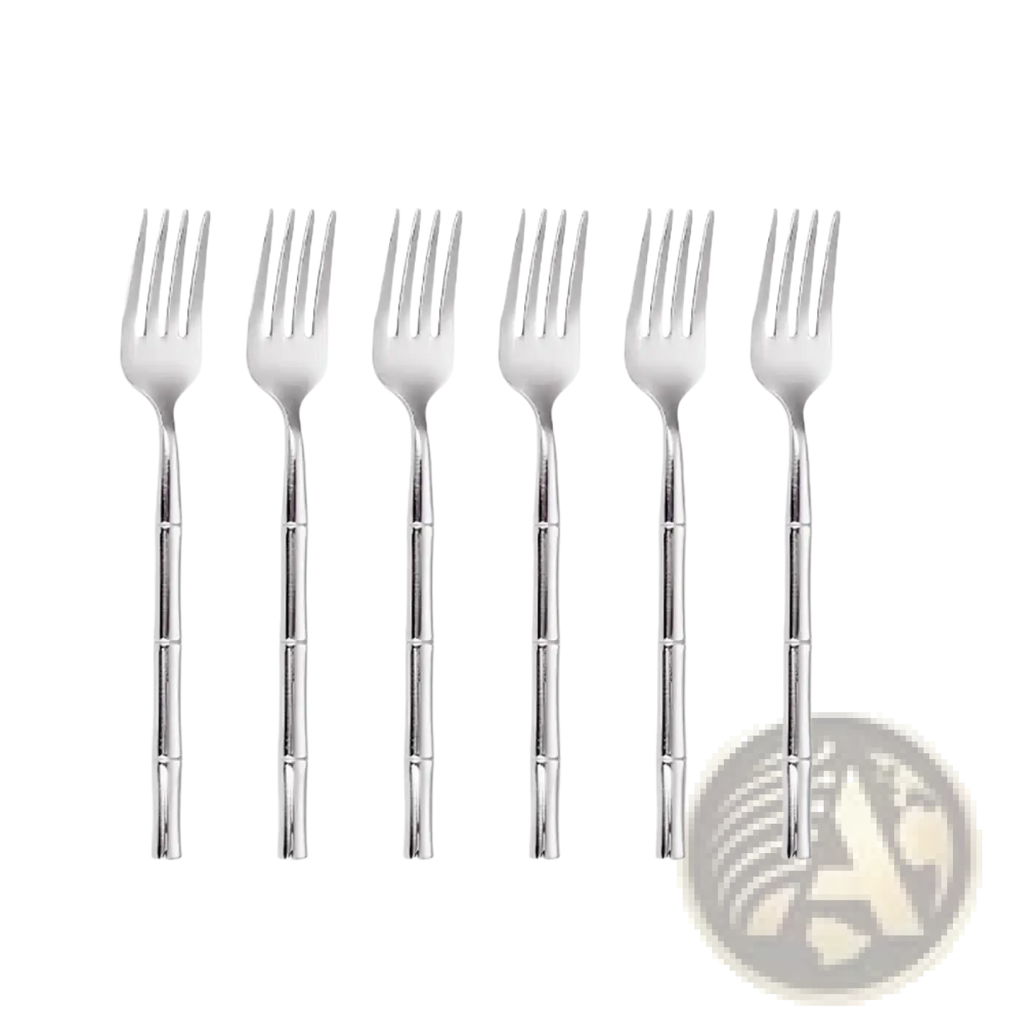 Set of six silver-toned stainless steel bamboo-patterned forks with a sleek modern design for dining use