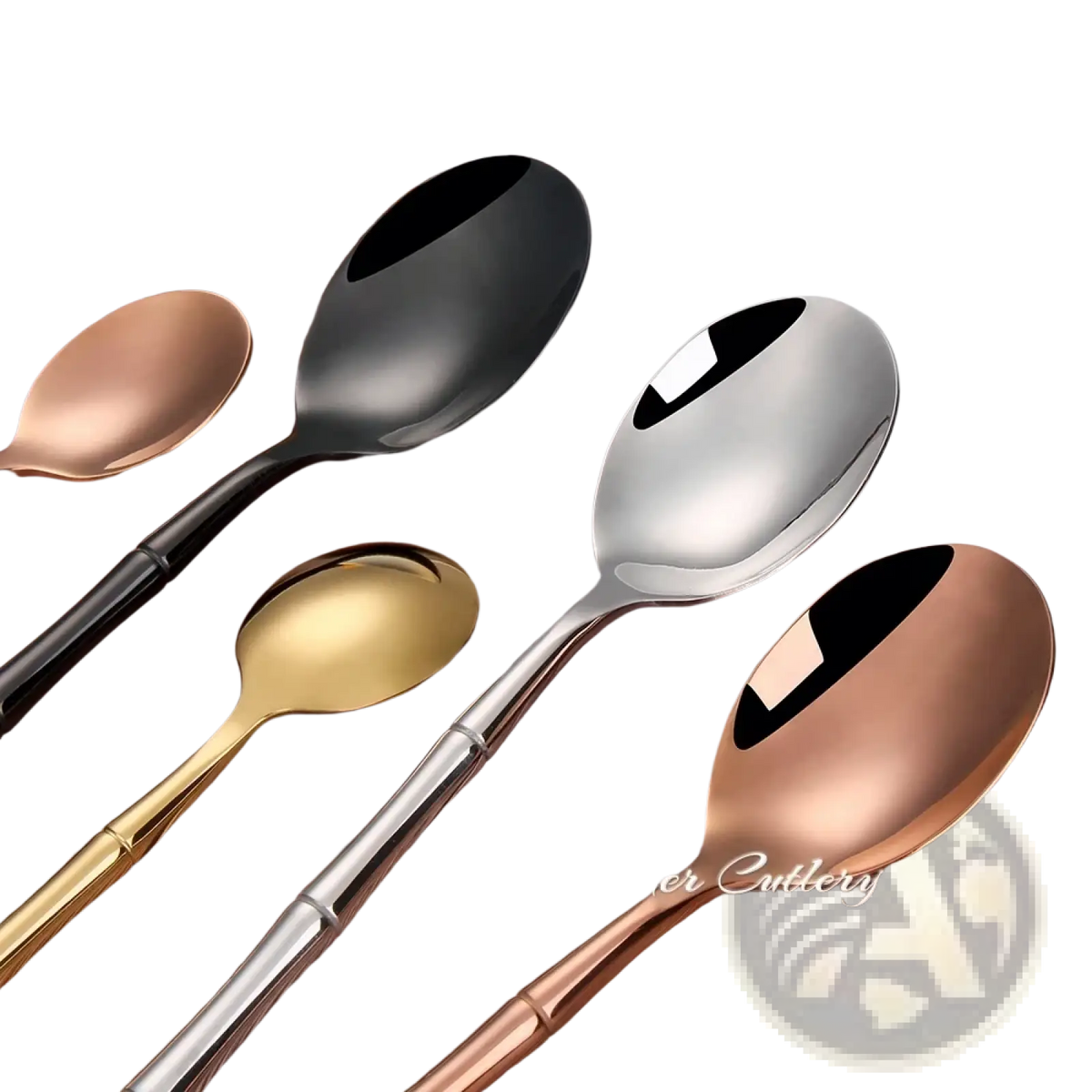 Set of five modern stainless steel bamboo cutlery spoons in rose gold black and silver with sleek handles