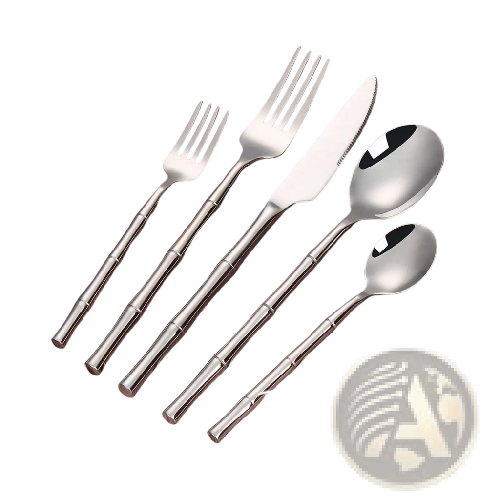 Set of four stainless steel cutlery pieces with bamboo inspired handles in natural wood color