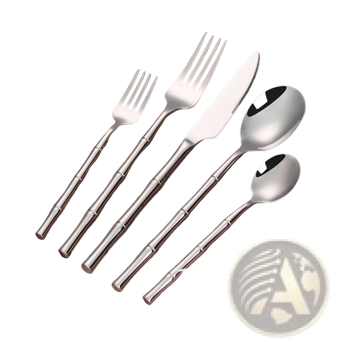 Set of four stainless steel cutlery pieces with bamboo inspired handles in natural wood color