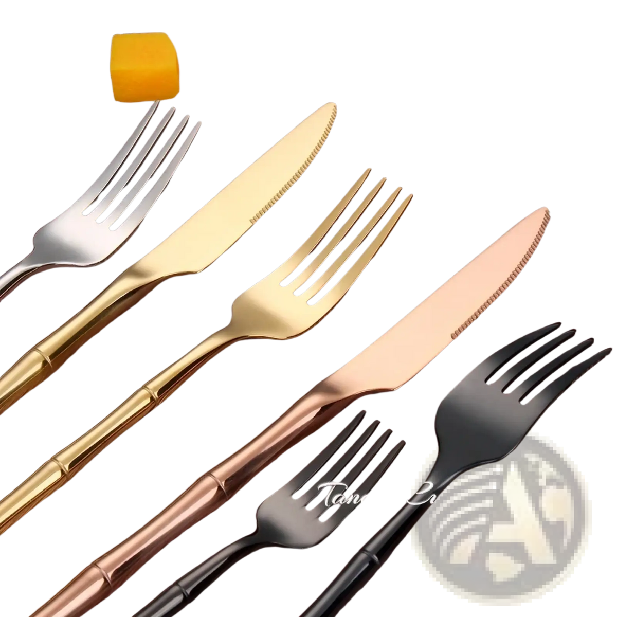 Set of four stainless steel bamboo cutlery pieces with gold rose gold and black handles in modern design