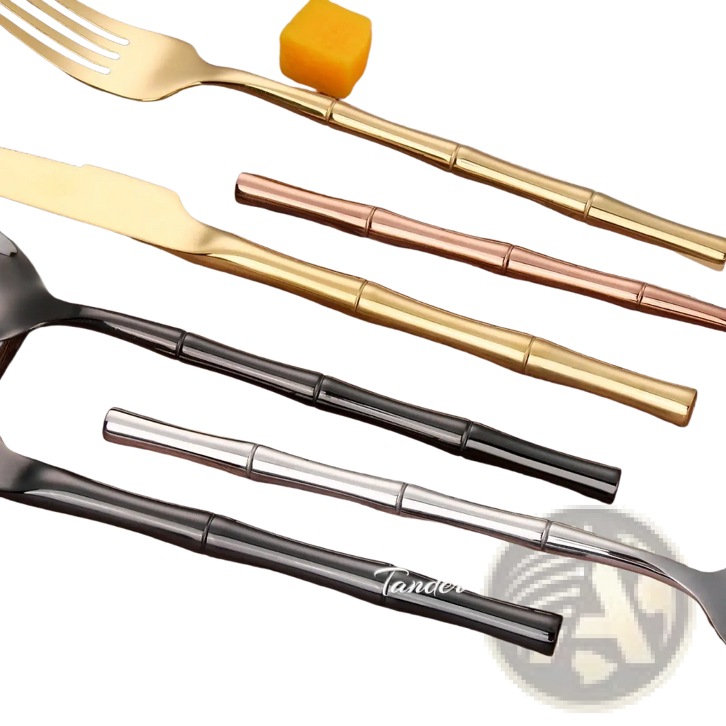 Stainless steel bamboo cutlery set with bamboo-inspired handles in gold rose gold black and silver finishes