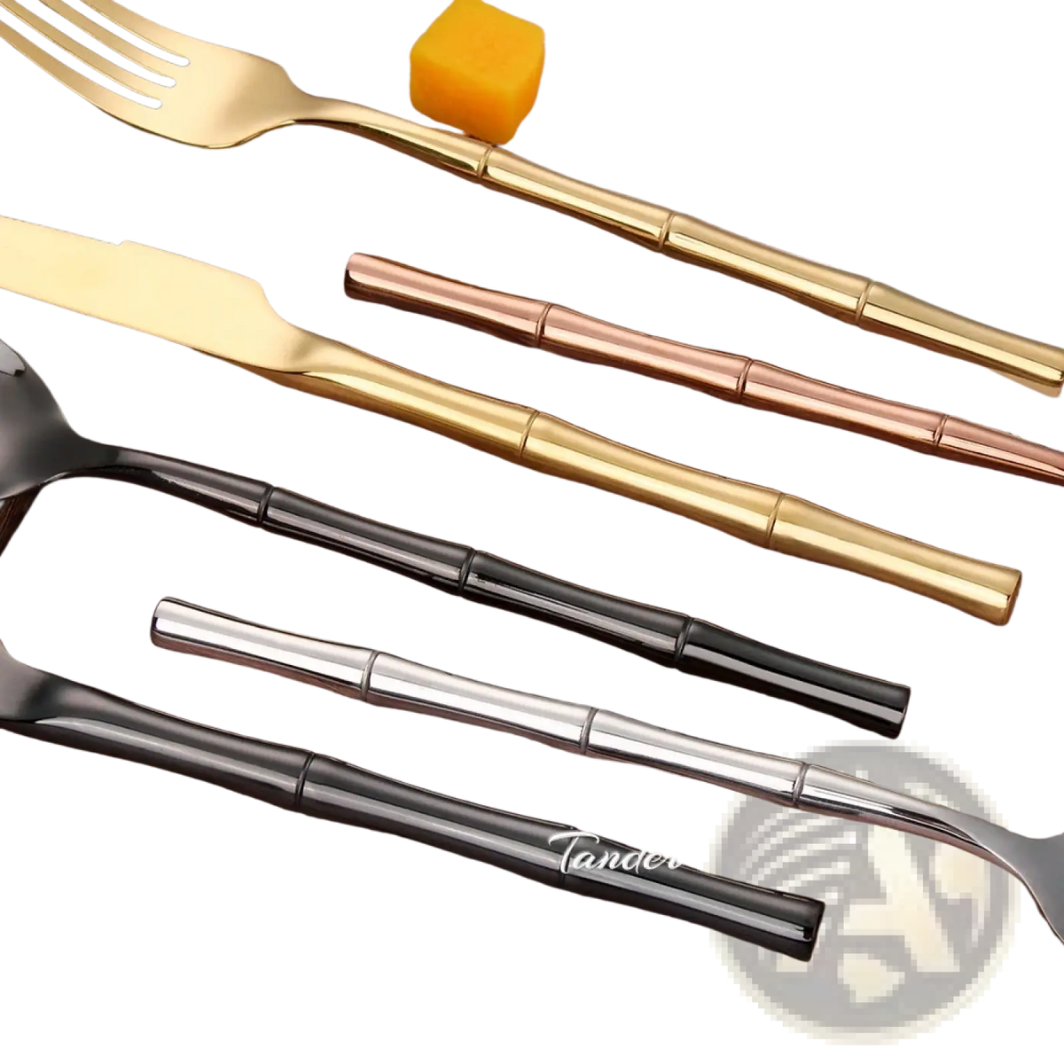 Stainless steel bamboo cutlery set with bamboo-inspired handles in gold rose gold black and silver finishes
