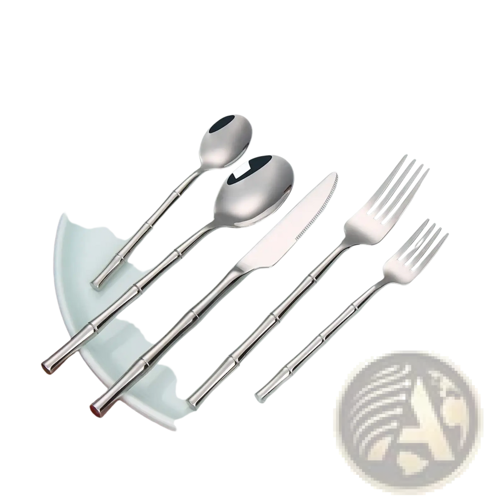 Set of six stainless steel bamboo cutlery pieces including knife spoon fork and tea utensils with bamboo-inspired handles